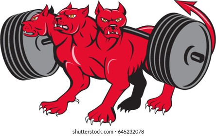 Illustration of cerberus, in Greek and Roman mythology, a multi-headed usually three-headed dog, or hellhound with a serpent's tail, a mane of snakes lion's claws powerlifting barbell cartoon style . 