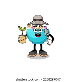 Illustration of cereal bowl cartoon holding a plant seed , character design