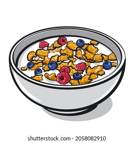 Illustration of the cereal snack with berries and milk