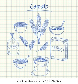 Illustration of cereals ink doodles on squared paper