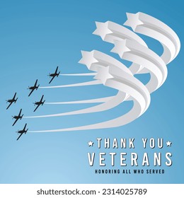 Illustration of a Ceremonial or honorific flight by a group of aircraft with white contrails, honouring all the veterans