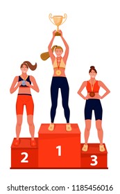 Illustration of ceremony of awarding trophy. Winners on the podium with award cup and medals. Vector flat illustration.