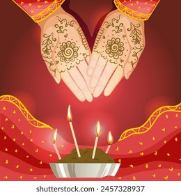 Illustration of ceremony at henna night, kina gecesi, a bride becomes henna pattern on her palms, eps10