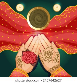 Illustration of ceremony at henna night, kina gecesi, a bride becomes henna pattern on her palms, eps10