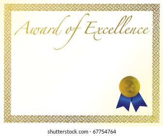 Illustration Of A Certificate. Award Of Excellence With Golden Ribbon.
