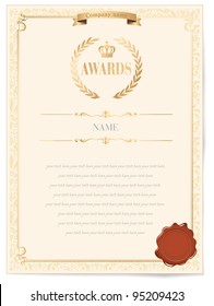 Illustration of a certificate. Award of Excellence with golden ribbon.