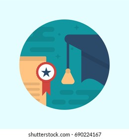 Illustration of a Certificate and Graduation Hat. Flat School Icons