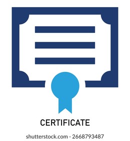 Illustration of a certificate icon featuring a rectangular shape with stylized, ornate corners in blue