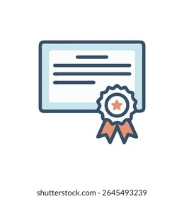 Ilustração de certificado com elemento de faixa de opções. Estilo plano com bordas arredondadas. Paleta de cores azul escuro e pastel.