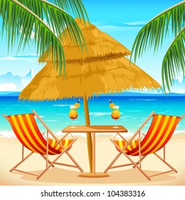 illustration of chair on beach background with palm tree