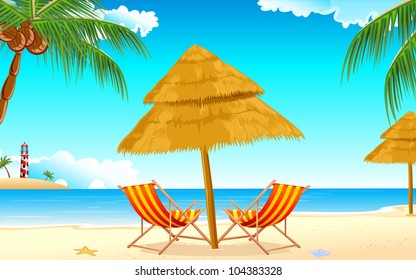 illustration of chair on beach background on calm sea shore