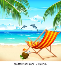 illustration of  chair on beach background with palm tree