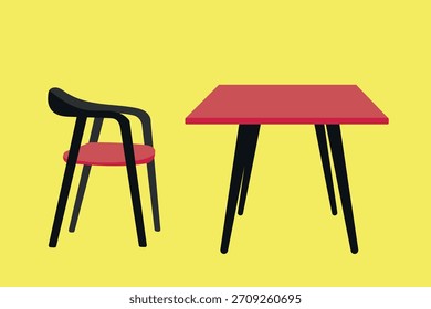 Ilustración de artículos de la silla y de la tabla en rojo sobre un fondo amarillo