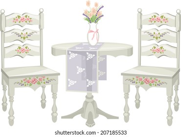 Illustration of a Chair and Table Set with a Shabby Chic Design