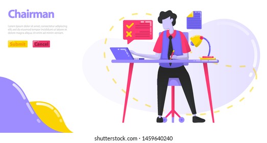 Illustration Chairman. The CEO who is working at the desk. Men who manage the work and operations of the company. flat vector concept for Landing page, website, mobile, apps ui, banner, poster, flyer