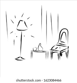 illustration of chairs, room lamps with hand strokes