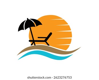 Illustration of chairs, umbrellas, sunset, sunrise, waves on the beach for icon and logo design
