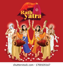 illustration of Chaitanya Mahaprabhu in devotion of Lord Jagannath, Balabhadra and Subhadra for Happy Rath yatra festival of India