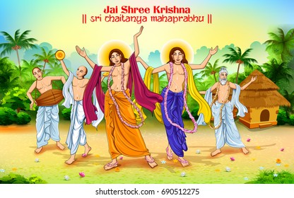 illustration of Chaitanya Mahaprabhu in devotion of Lord Krishna for Happy Janmashtami festival of India