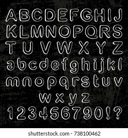 Illustration of chalk alphabet on blackboard. Glyphs collection. Vector set