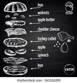  Illustration of chalk drawn apple burger with turkey cutlet with ingredients. Burger menu collection. Fast food theme.