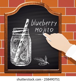 Illustration of chalk painted blueberry mojito on blackboard and bricks background. Cocktail theme.