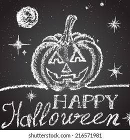 Illustration Of Chalk Painted Pumpkin, Moon, Shiny Stars And Text. Halloween Theme