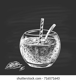  Illustration of chalk with smoothies from kiwi in a bowl with a spoon and a straw. Healthy Eating.