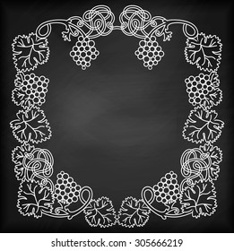 Illustration of chalkboard with abstract grapevine frame and bunches of grapes