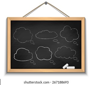 Illustration of chalkboard with chalk and chalked cloud speech bubbles
