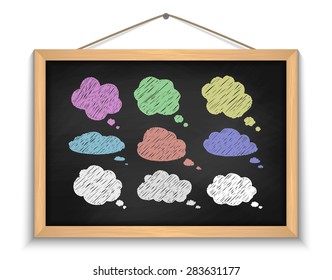 Illustration of chalkboard with chalked cloud speech bubbles in various colors
