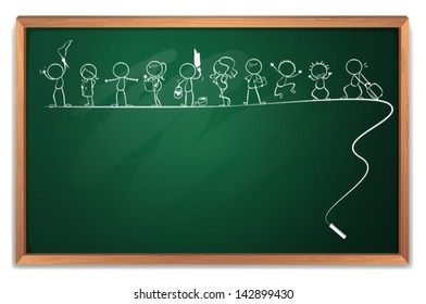 Illustration of a chalkboard with a drawing of kids playing different sports on a white background