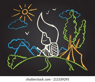 Illustration of chalked character in the forest on blackboard