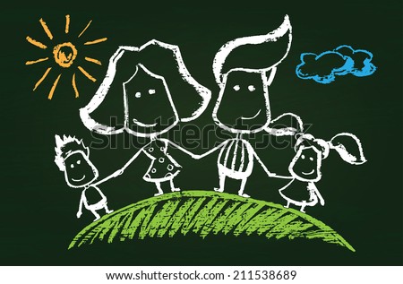 Illustration of chalked happy family on blackboard