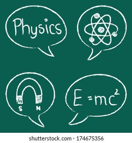 Illustration of chalky bubbles with physical symbols and formulas