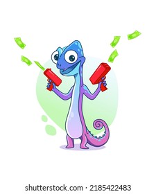 Illustration Of A Chameleon With Money Throwers In His Hands