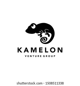 illustration of a chameleon silhouette climbing with strong legs and a curved tail logo design