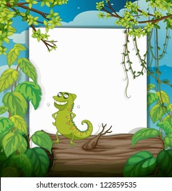 Illustration of a chameleon and a white board in a beautiful nature