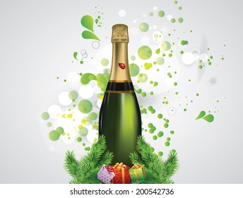 Illustration of champagne bottle with gift boxes