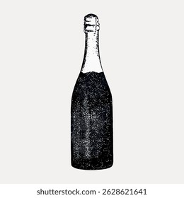 Ilustração de uma garrafa de champanhe. A garrafa é alta e fina, com uma aparência texturizada. Projeto preto e branco de uma garrafa de champanhe em um fundo claro. Vintage arte ilustração vetor.