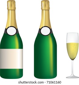 illustration of a champagne bottle with and without label and glass