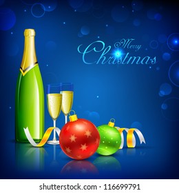 illustration of champagne glass with bottle and christmas bauble