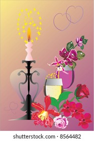 Illustration mit Champagnerbrille und Kerze