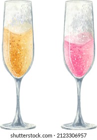 illustration champagne white or gold and pink in tall glasses