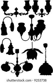 illustration with chandelier silhouettes isolated on white background