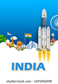 illustration of Chandrayaan rocket mission launched by India on Famous Indian monument and Landmark background