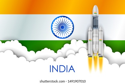 illustration of Chandrayaan rocket mission launched by India with tricolor Indian flag