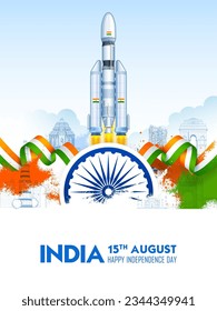 illustration of Chandrayaan rocket mission launched by India with tricolor Indian flag