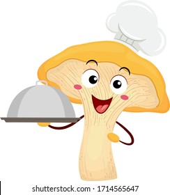 Illustration of a Chanterelle Mushroom Wearing Chef Hat and Carrying a Dish with Cloche