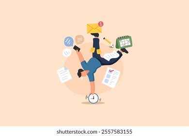 An illustration of a character balancing papers, a clock, and an envelope, symbolizing multitasking and time management. The vibrant, hand-drawn style conveys urgency and workplace dynamics.